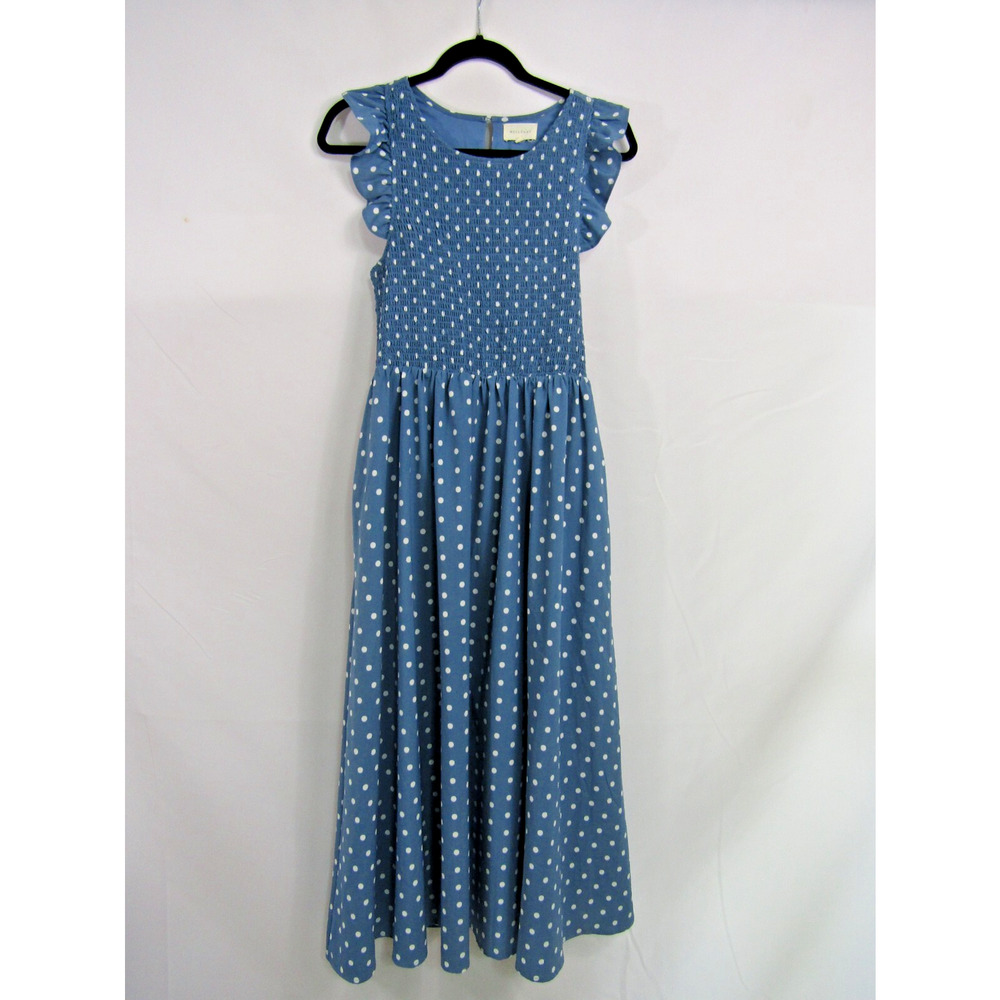 Melloday Blue Polka Dot Midi Dress sz M Boho Ruffle Elegant Gathered Timeless